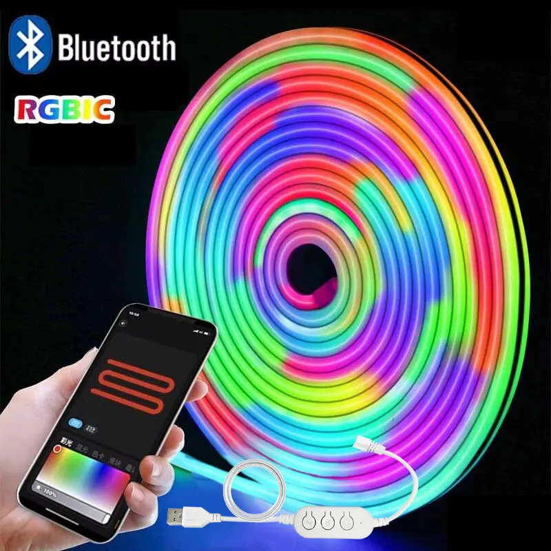 USB RGBIC Neon LED Strip Light DC5V 1M 2M 3M WS2812 Waterproof Neon Sign Tape Bluetooth Control For Room Wall Decor Fairy Light