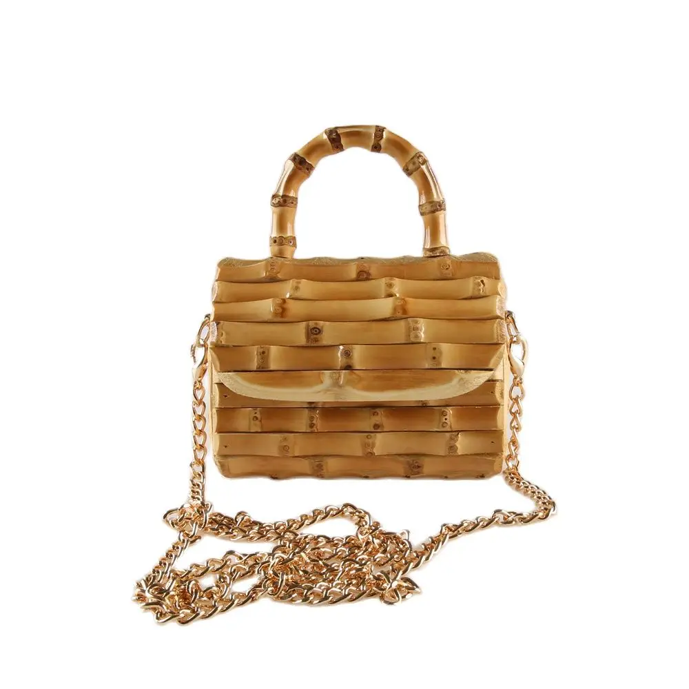 Long Chain Unique Handmade Natural Wood Rattan Straw Bamboo Root Handle Small Mini Cross Body Messenger Shoulder Bag Handbag