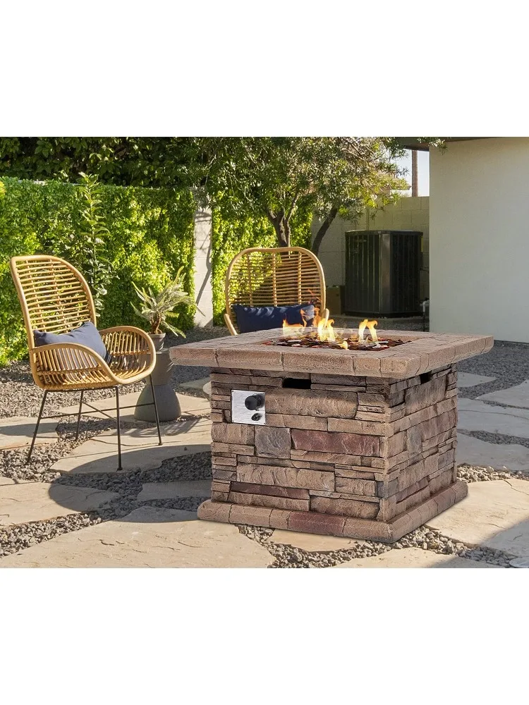 

Пропановая костра, 32-дюймовый квадратный бетонный стол для пожара с янтарно-желтым огненным стеклом и дождевиком для частей для отдыха на открытом воздухе