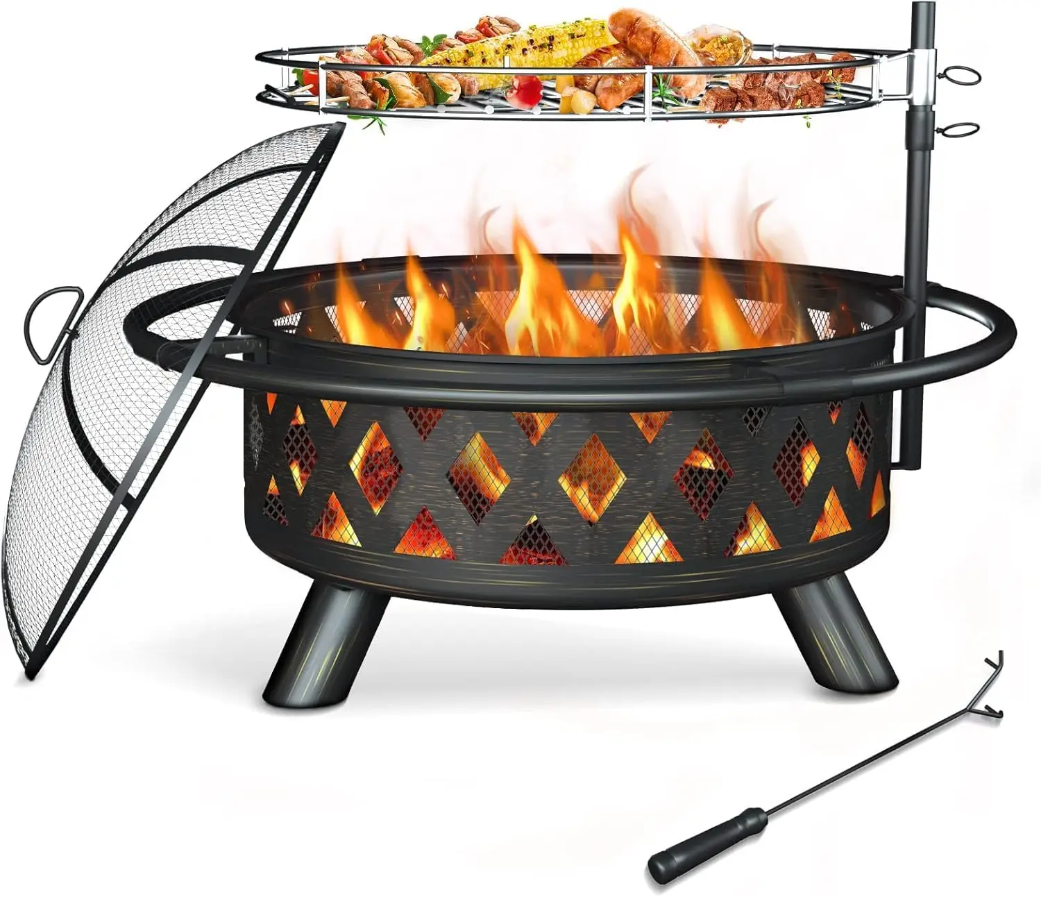 

Outdoor Fire Pit with Lid, 30 Inch Large Outdoor Wood Burning Fire Pits, Patio Backyard Firepit with Steel BBQ Grill Cooking