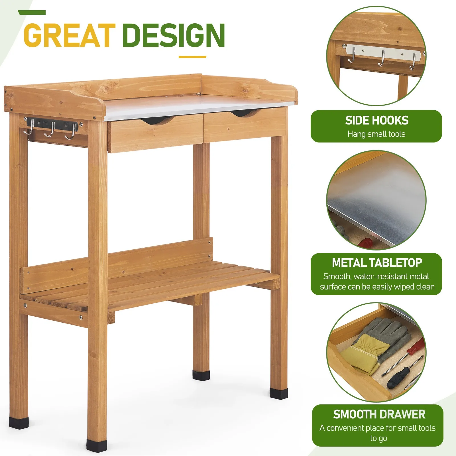 

Outdoor Garden Potting Bench Table with Shelves Natural Wood Workbench for Planting Soil Mixing Gardening Tools Storage Heavy