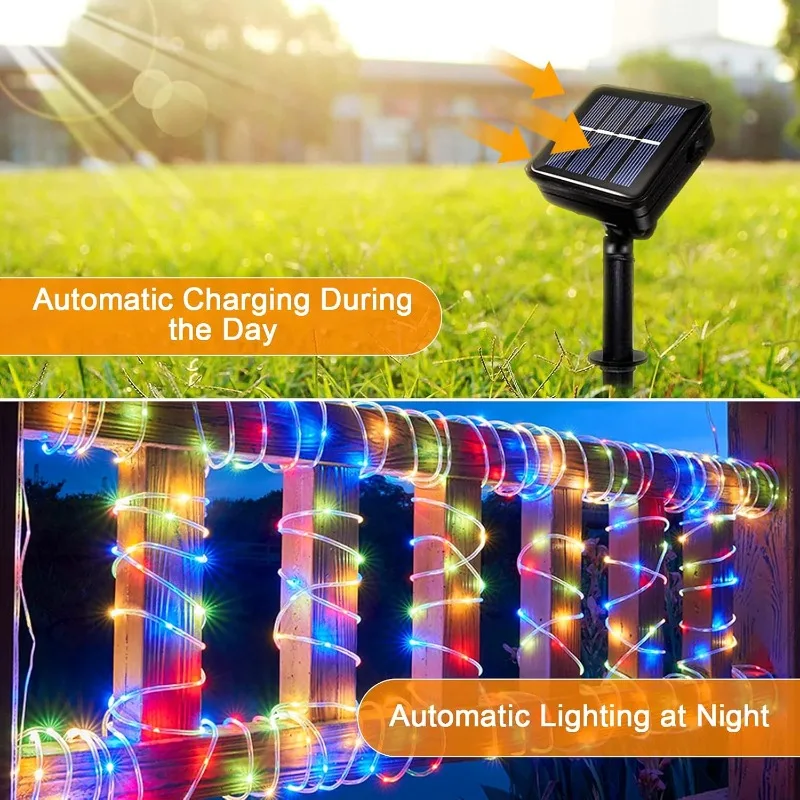 LED Solar Rope Lights Outdoor Waterproof 8 Modes IP65 Solar Fairy Lights Decorative Lighting for Christmas Patio Yard Porch