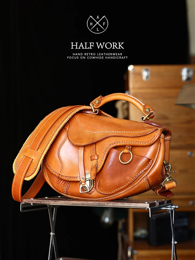 Plant-tanned Vintage Leather Men Bag Saddle Bag Top Layer Leather Handbags Crossbody Bag Shoulder Bag Wide Strap Chest Bags