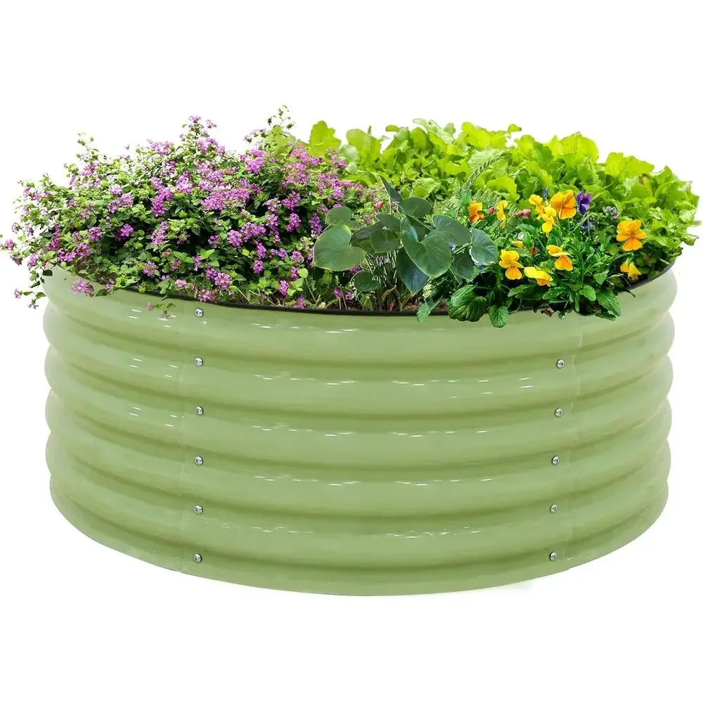 42 Round 17 Tall Galvanized Metal Raised Garden Bed for Outdoor Plants, Vegetables, and Herbs in Olive Green