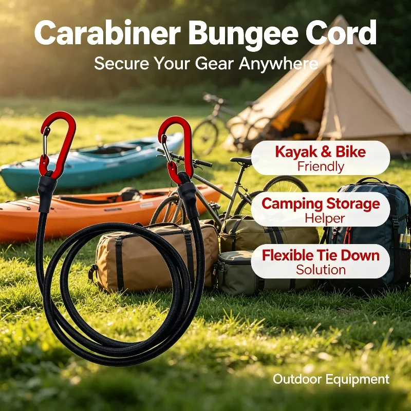 Heavy Duty Bungee Cord Elastic Tie Strap String Carabiner Hooks Kayak Cycling Luggage Packing Ropes Camping Accessories
