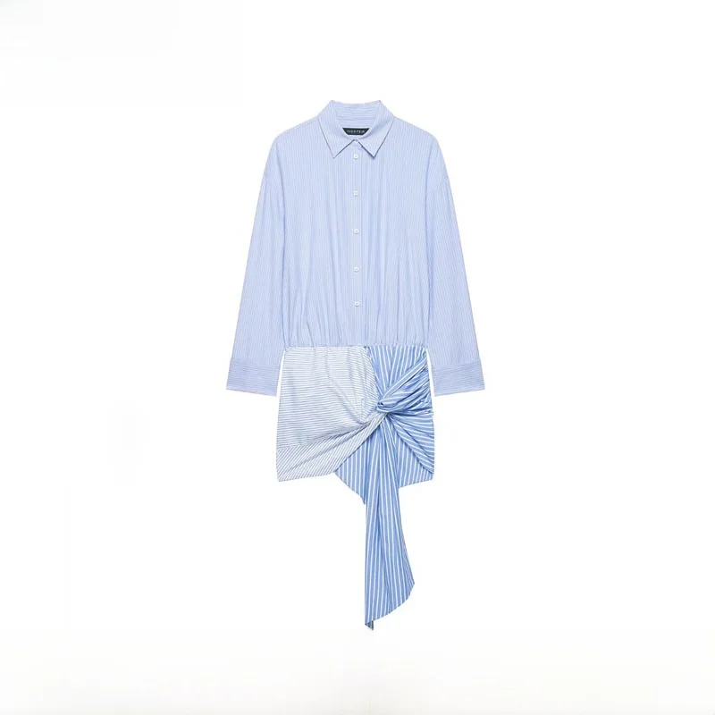 

Fashionable Shirt-Style Dress with Bow Decoration Women's Loose Fit Polyester Long Sleeve Striped Pattern Spring Summer New A...