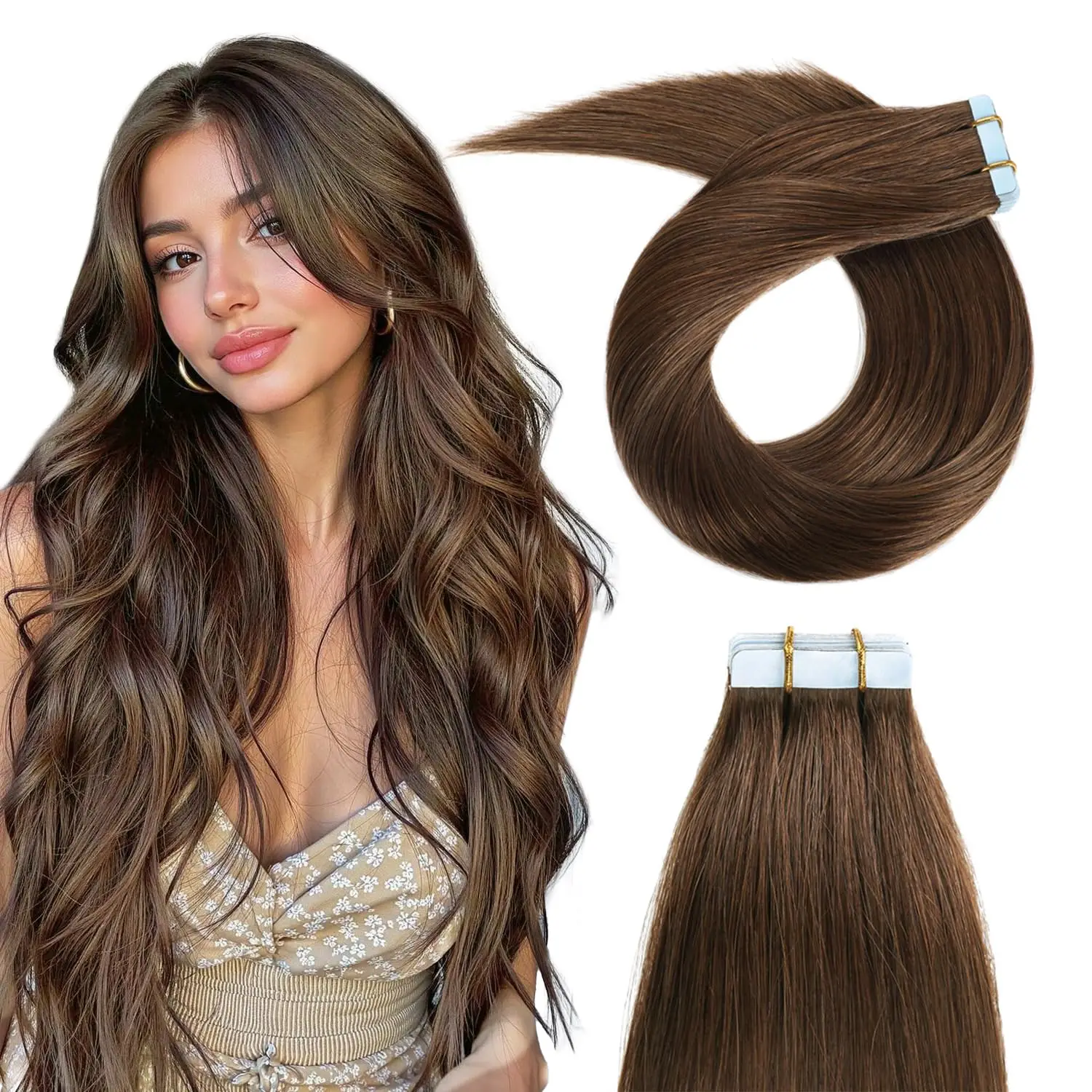 

Tape in Hair Extensions 100% Human Hair Chocolate Brown Color 40g 20 pcs Tape in Extensions for Women (#4-18 inch)