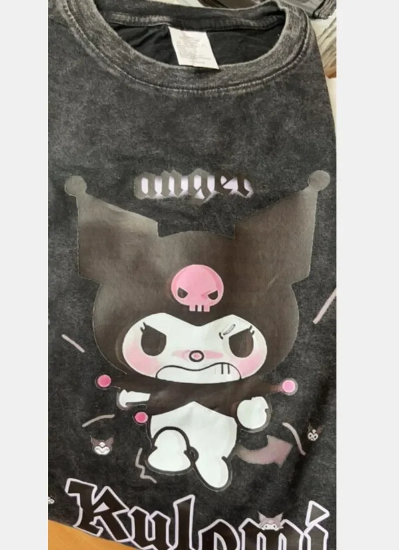 Sanrio Kuromi Japanese Summer Washed Old Kuromi Short Sleeved T-shirt Men Women  Oversized T Shirt Loose Tops 2024 New Harajuku