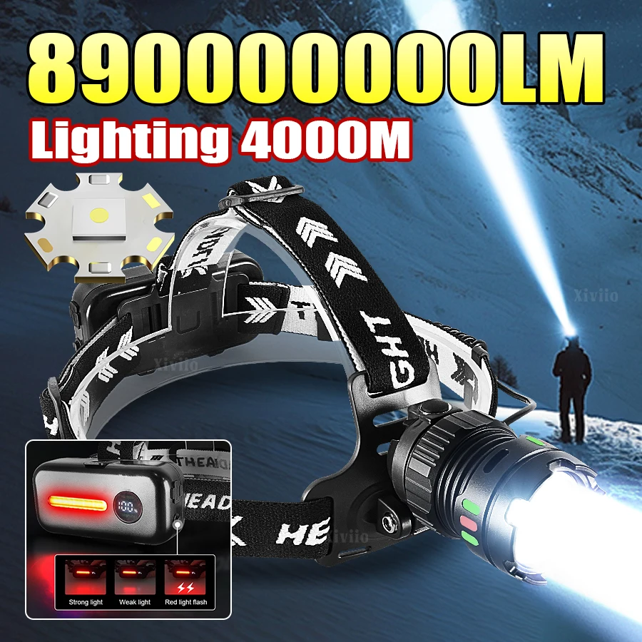 

890000000LM Ультра мощный светодиодный налобный фонарь Супер яркий дальний свет 4000 м налобный фонарик перезаряжаемый налобный фонарь для рыбалки, охоты