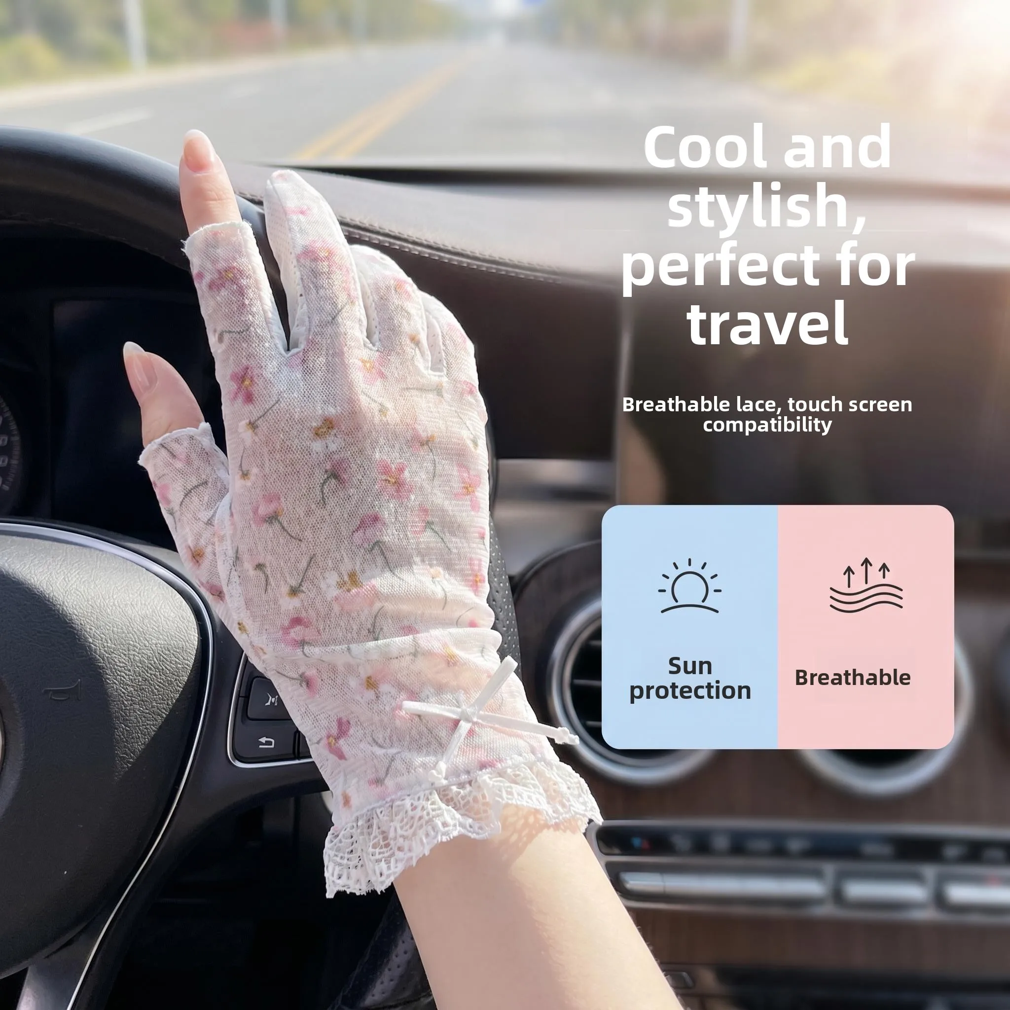 レース日焼け防止手袋-薄手で通気性のある女性用運転専用uvカットサイクリング滑り止めフィンガーレスグローブ-夏用