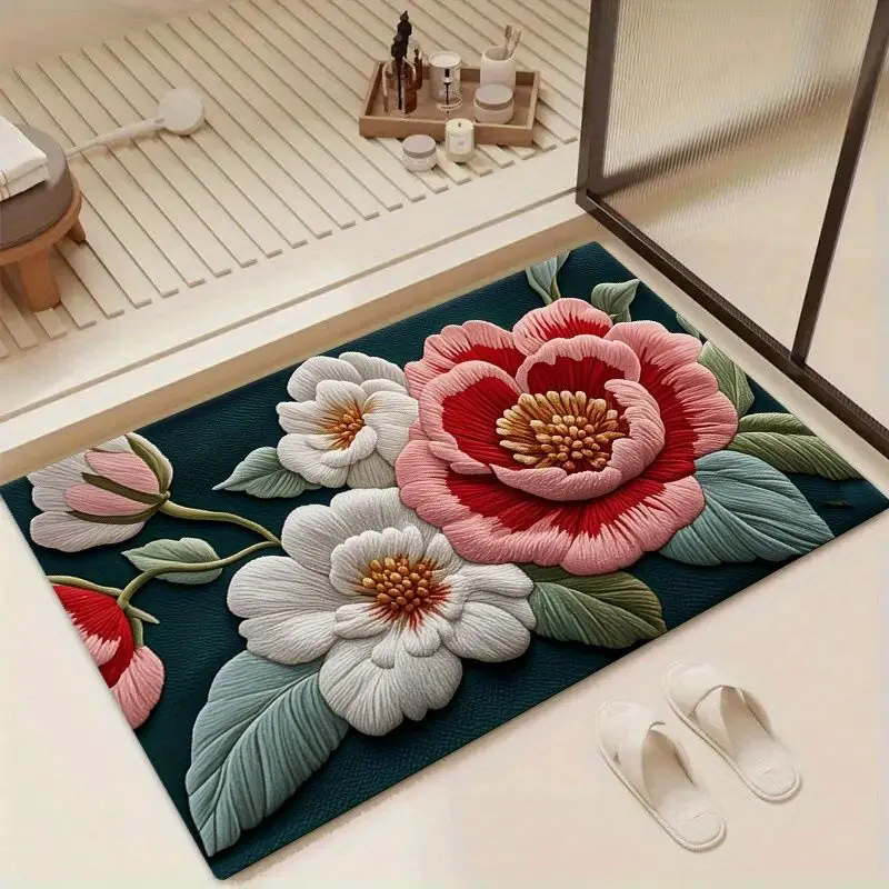 VIKAMA 3D Floral Bathroom Mat, Soft and Non-Slip Bath Door Mat, Indoor and Outdoor Entrance Carpet, Home Decor