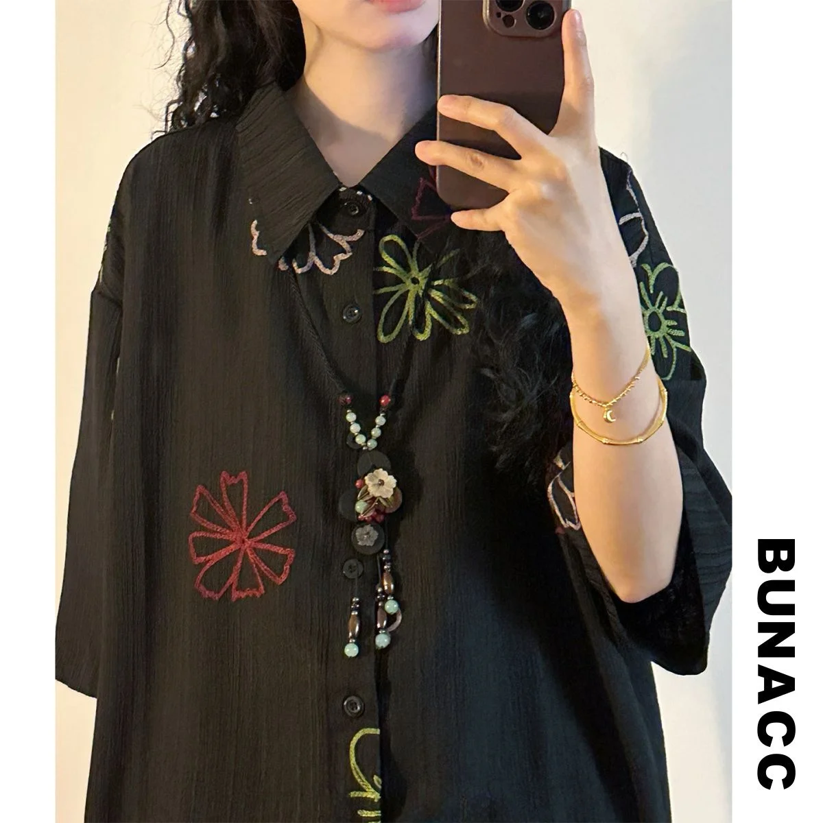 

BUNACC2026 Summer Embroidered Loose Short Sleeve Casual Shirt Vintage Hong Kong Style Women's Fashion Textured Sensation