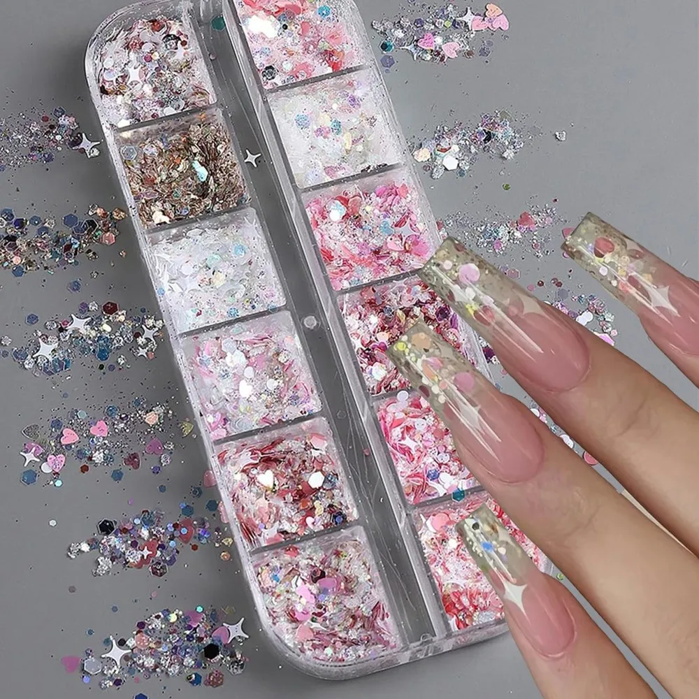 

12Grid Star Heart Shaped Nail Art Glitter Sequins Holographic Mermaid Nail Flakes Sequin Mixed Iridescent Powder Nail Decoration