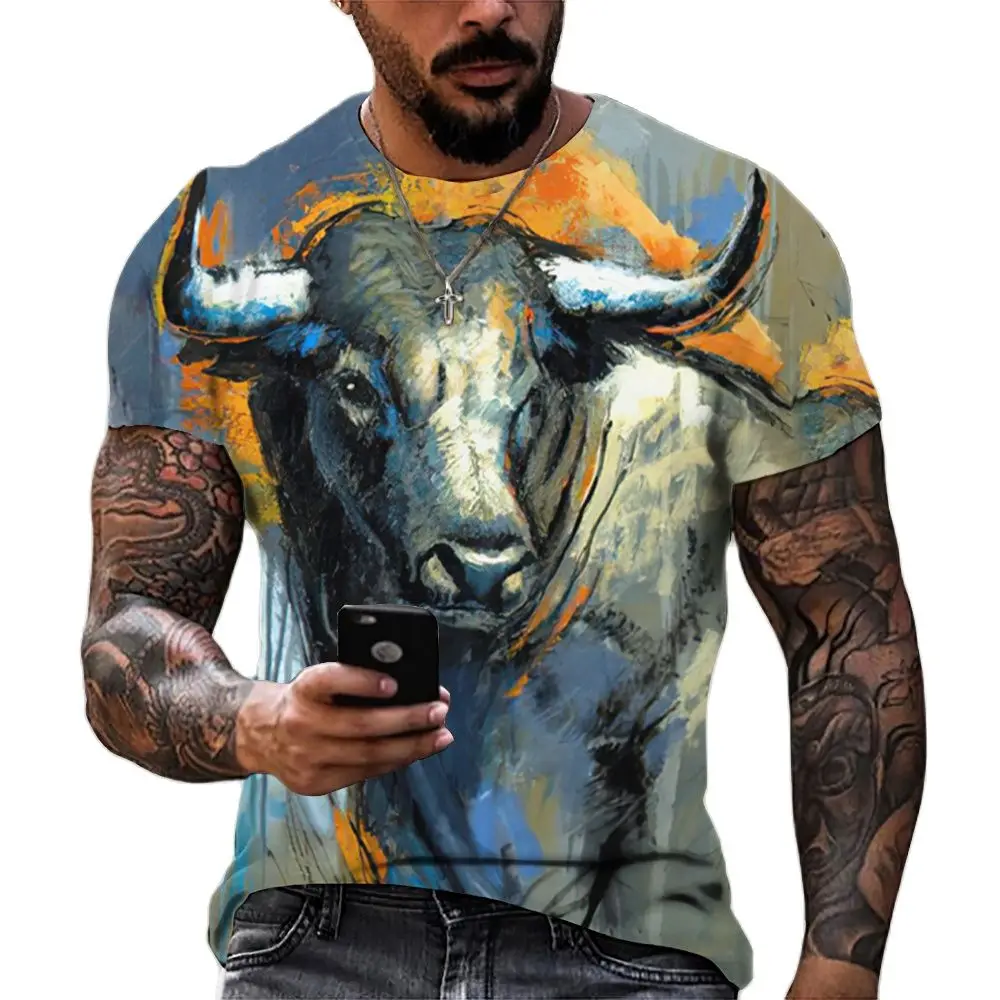 New Animal T Shirt Men's Casual Tops 3d Bullfighting Print Tees Street Short Sleeves Men Clothing Summer Men's Oversize T-shirts