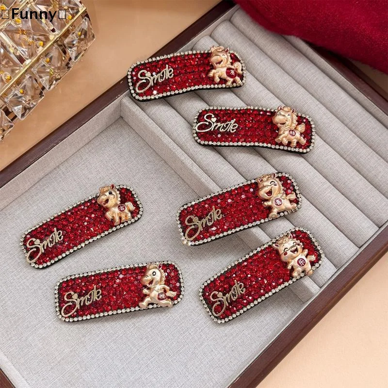 

〔Funny〕1/2/6Pcs Creative Cartoon Mascot Horse Hairpin 2026 New Year Red Shining Rhinestone Hair Clip Children's Hair Accessory