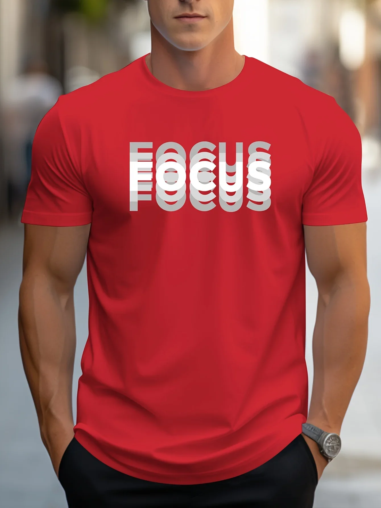 Men's casual sports loose oversized Focus print round neck short sleeved T-shirt top