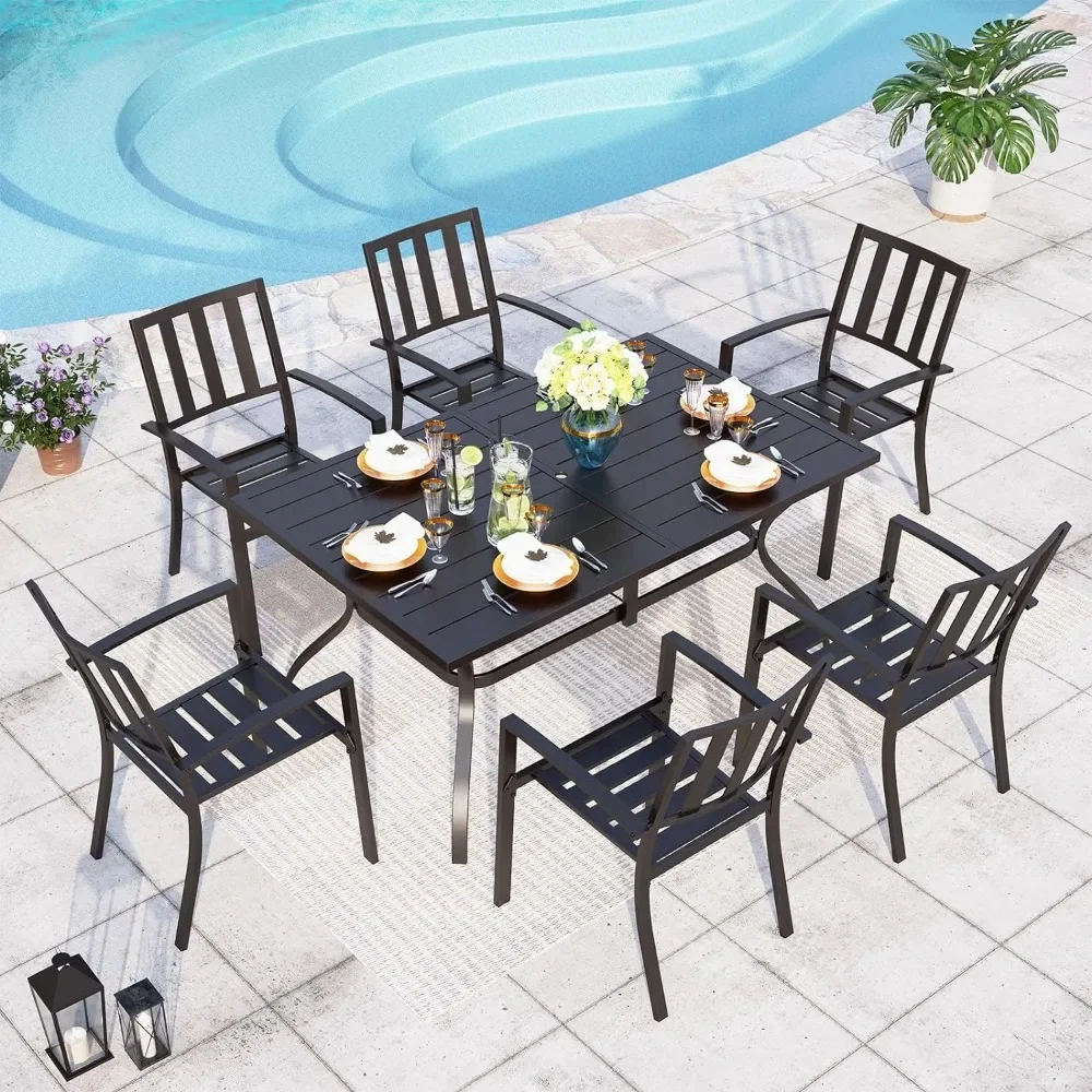 

7 Piece Metal Outdoor Patio Dining Bistro Sets with Umbrella Hole-Rectangle Patio Table and 6 Backyard Garden Outdoor Chairs