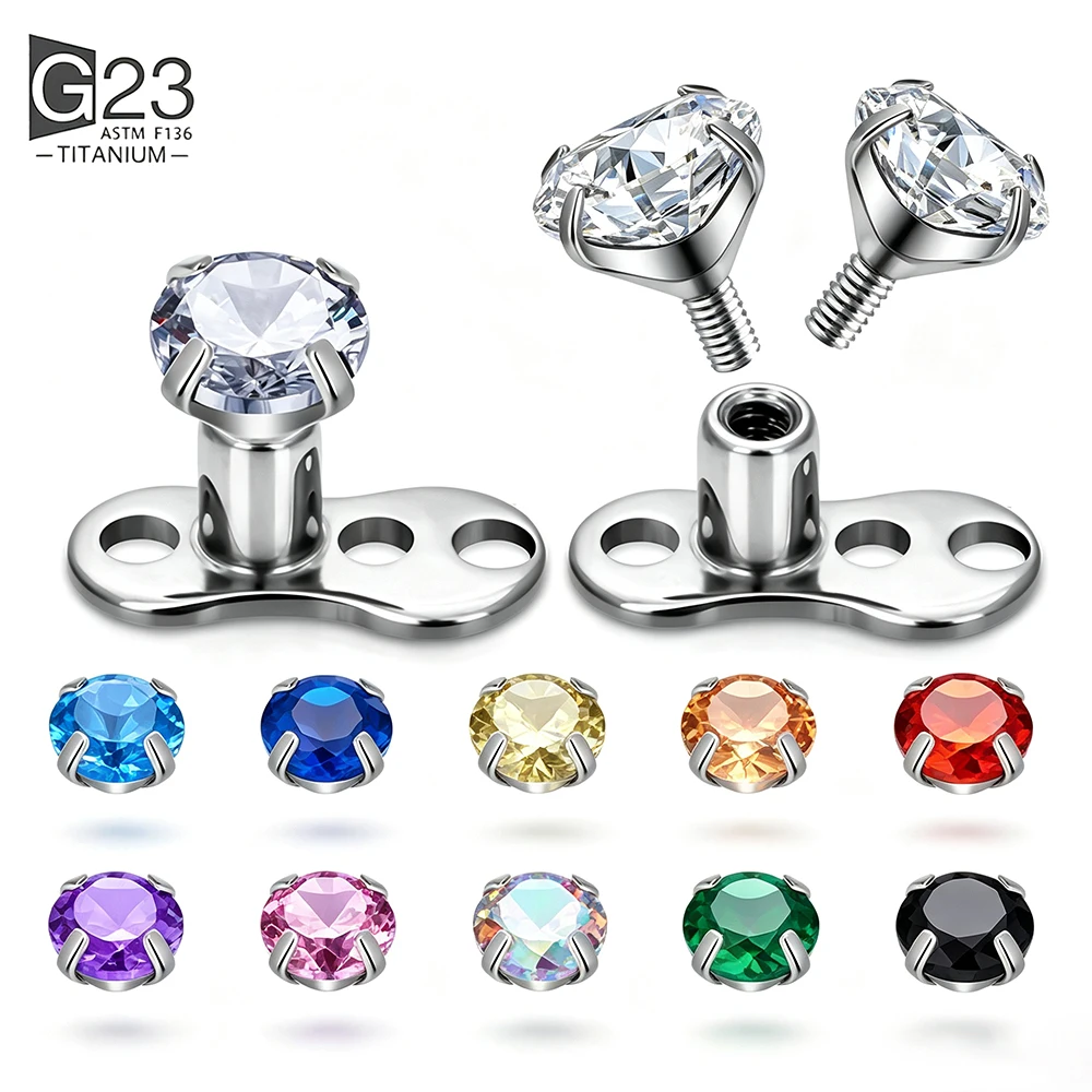 ASTM F136 Titanium Internally Thread Dermal Anchor 3 Holes Flat Base CZ Microdermal Skin Implant Surface Piercing Body Jewelry ﻿
