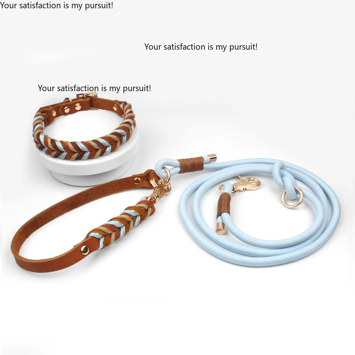 Genuine Top Layer Leather Hand Woven Dog Collar Durable Leash For Medium Large Dogs