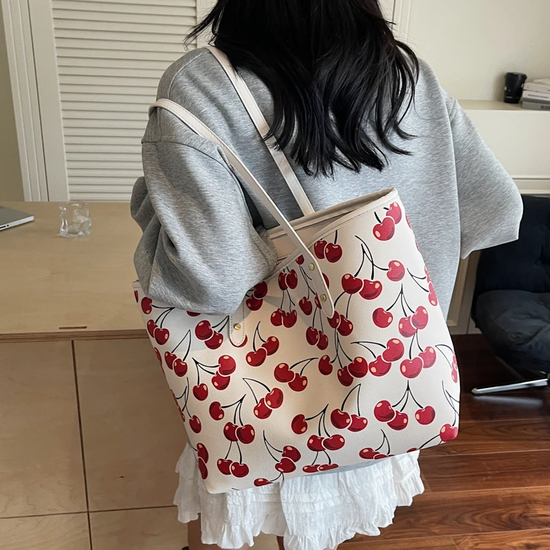 Cute Cherry Strawberry Lemon Print Casual Tote Bag Large Capacity Shopping Bag Aesthetic Handbag Grocery Bag for Women