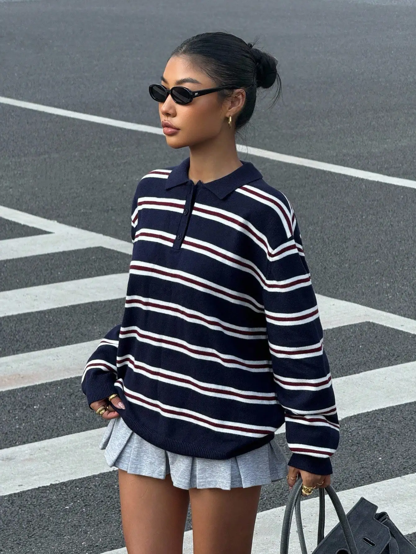 

Женский свитер с воротником-поло в полоску, повседневный пуловер на осень-зиму, в стиле блокет