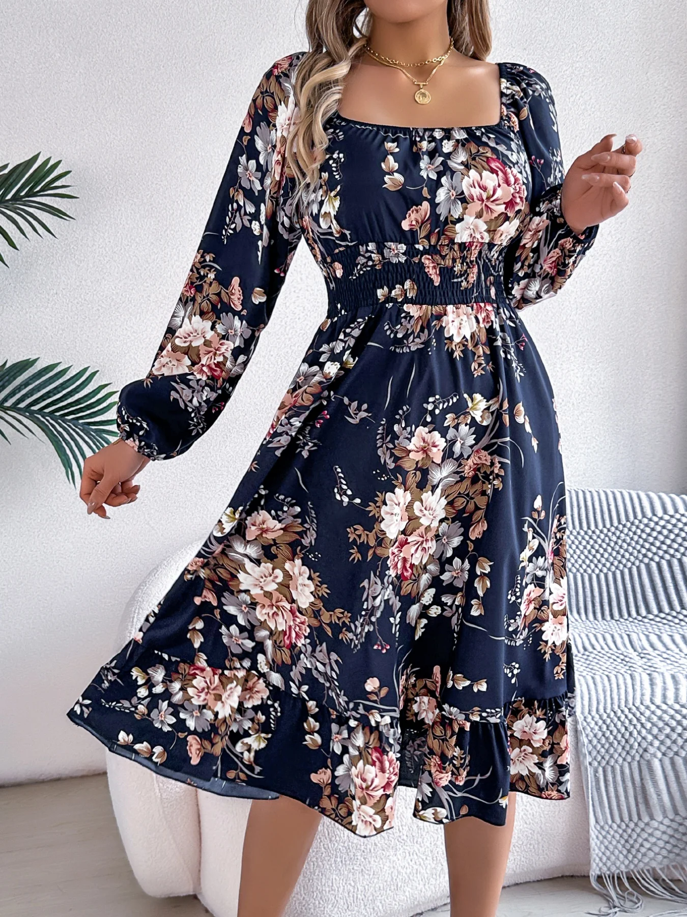Midi Skirt Floral - Square Neck Floral Print Cinched Waist