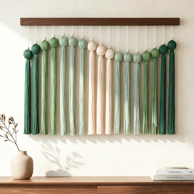 Handwoven Macramé Wall Hanging Tapestry Green Ball Wave Entrance Partition Creative Artistic Decorative Wall Art