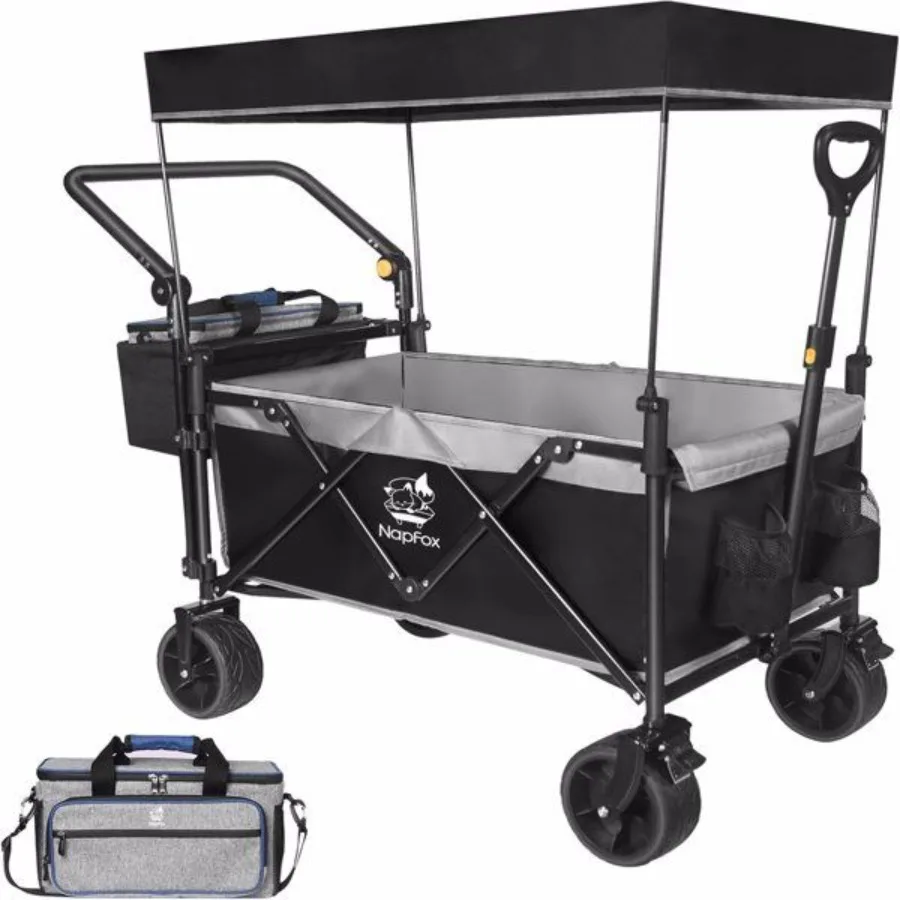 

Collapsible Wagon Heavy Duty Folding Wagon Cart with Removable Canopy 4 Wide Large All Terrain Wheels Brake Adjustable Handles