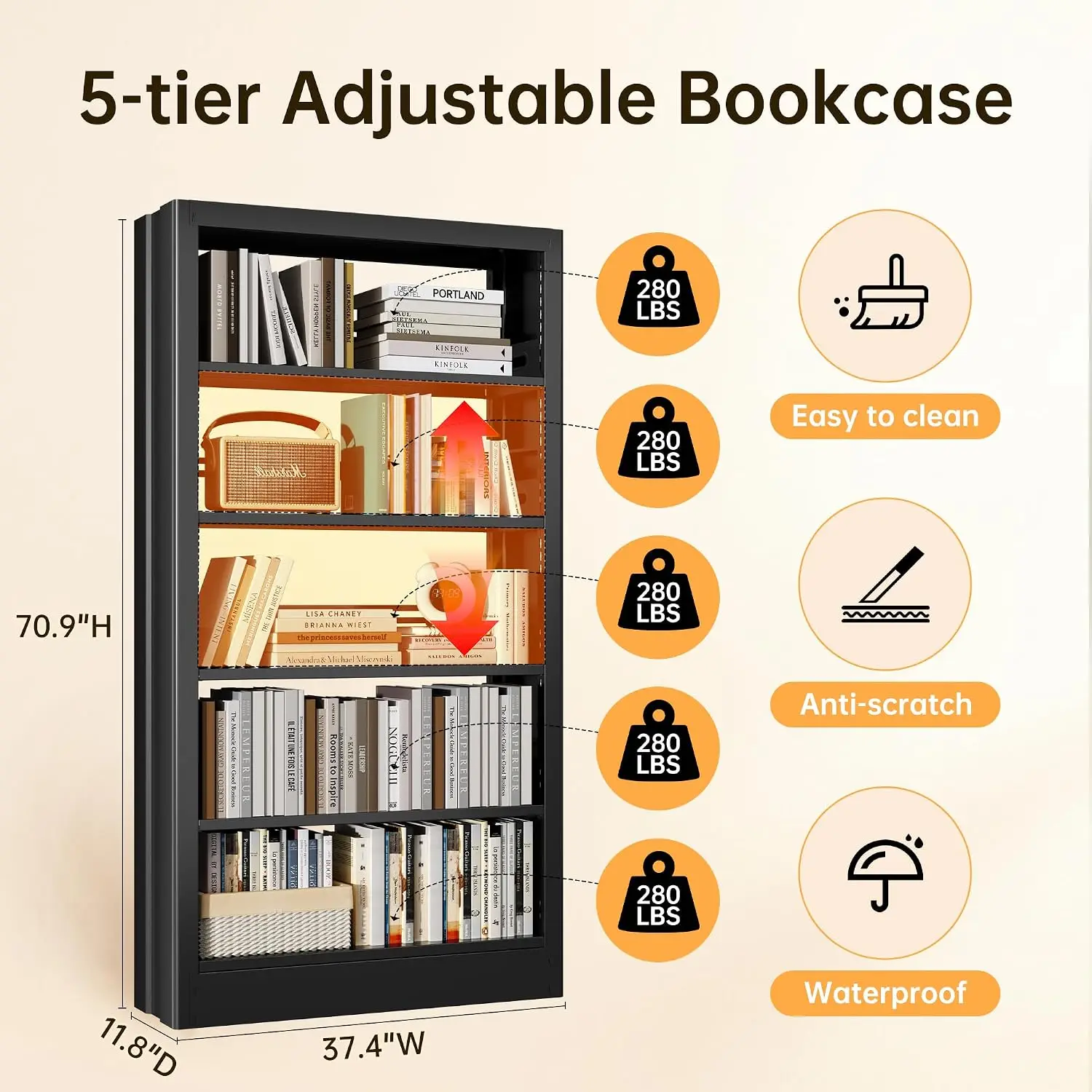 5-Tier Bookcase With Adjustable Storage Shelves, Heavy Duty Bookcase, Metal Bookshelf With Book Stopper, Black, Customized