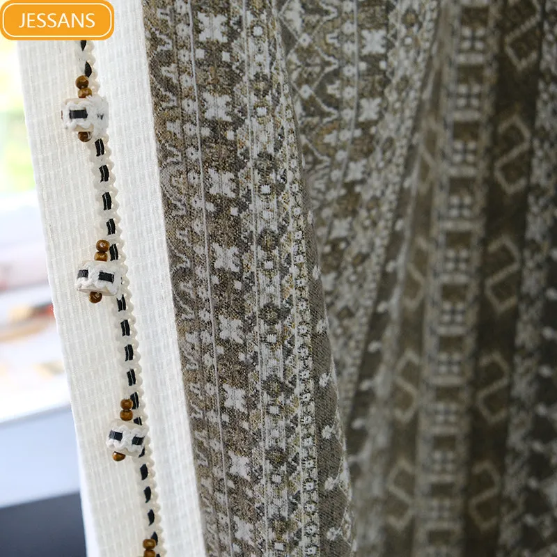 

Bohemian Grey Brown Jacquard Thickened Chenille Blackout Curtains for Living Room and Bedroom Custom Doors Tulle