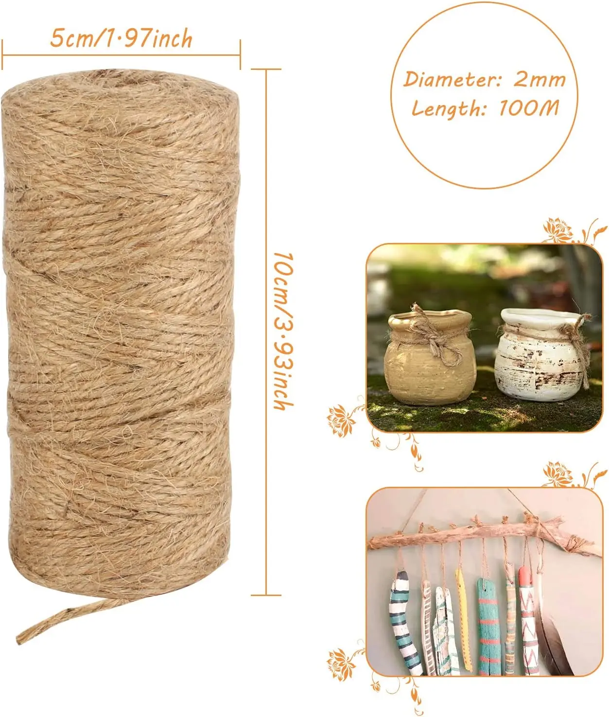 100M 2mm Natural Vintage Jute Rope Cord String Twine Burlap Ribbon Crafts Gift Wrapping Wedding Party  Decoration