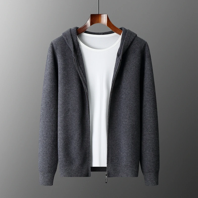 

Men's 100% Cashmere Hooded Zipper Cardigan Thick Winter Coat Casual Four Flat Style Warm Comfortable Knitwear for Men Clothes