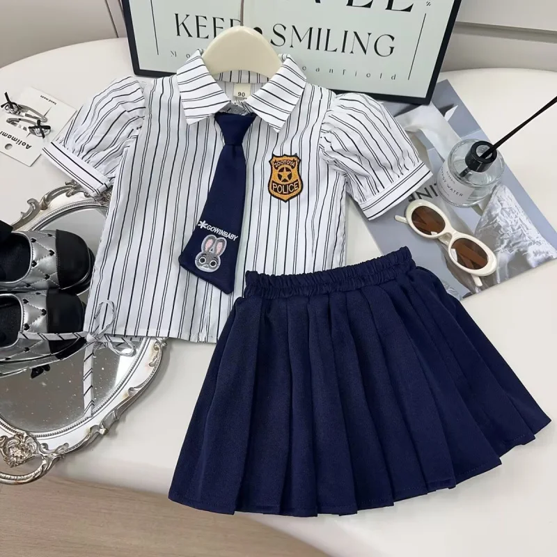 

Girls' Striped Set2025Summer New Preppy Style Short Sleeve Shirt Pleated Skirt Children Casual Two-Piece Suit