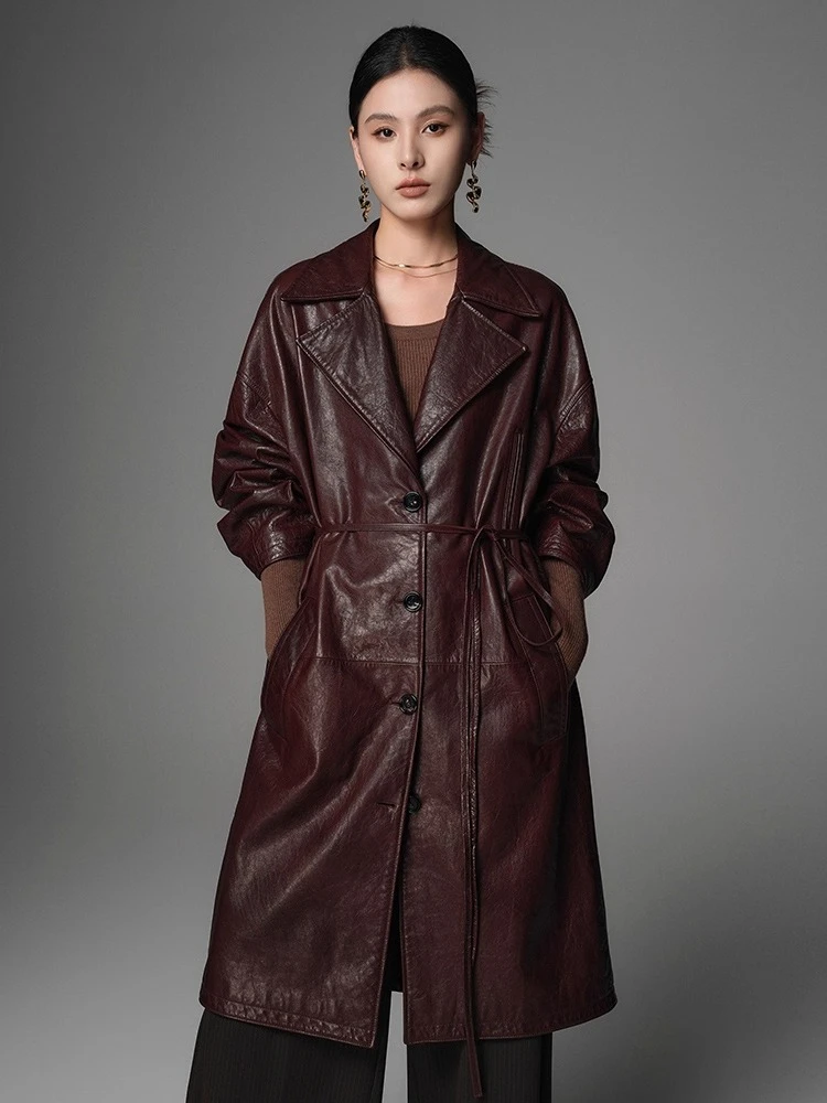 

Lace-up Long Genuine Leather Jackets for Women Spring Autumn 2026 New High-end Simple Casual Oil Wax Real Goatskin Trench Coat