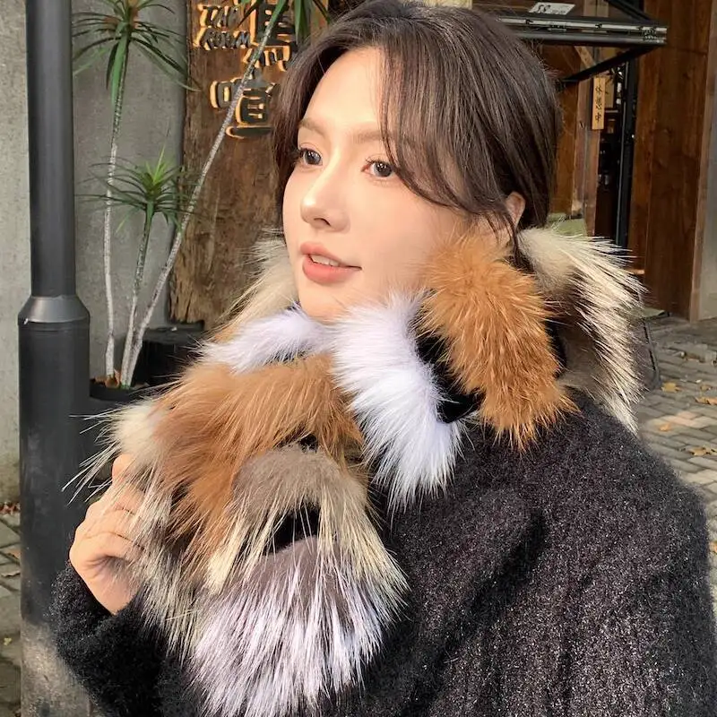 Fox Fur Scarf For Women Winter Warm And Thick Double-Sided Rabbit Fur Neck Warmer Natural Fur Scarf Ring Lady Neckerchief Scarf