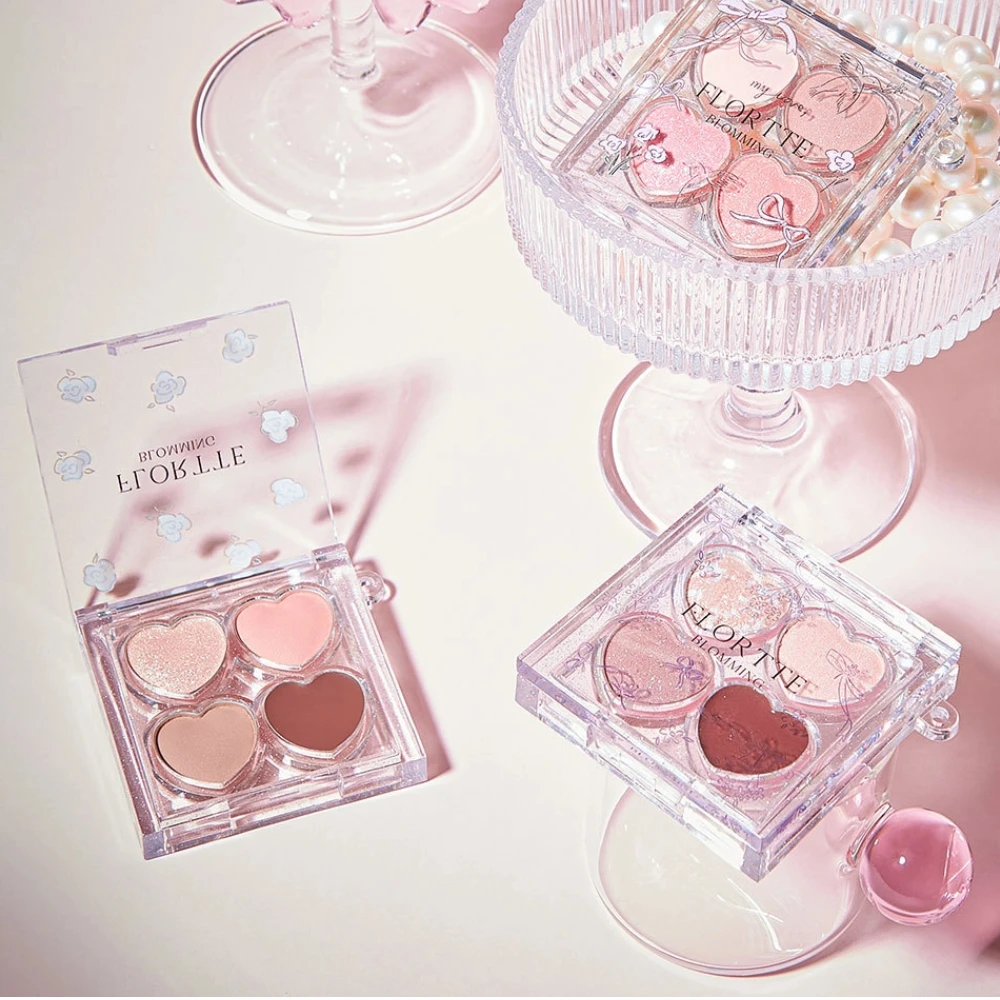 FLORTTE Oogschaduw 4-kleuren Matte Fijne Shimmer Multifunctioneel Draagbaar Palet Hoogtepunt Blusher Glitter Glanzend Gezicht Fleuren Make-up