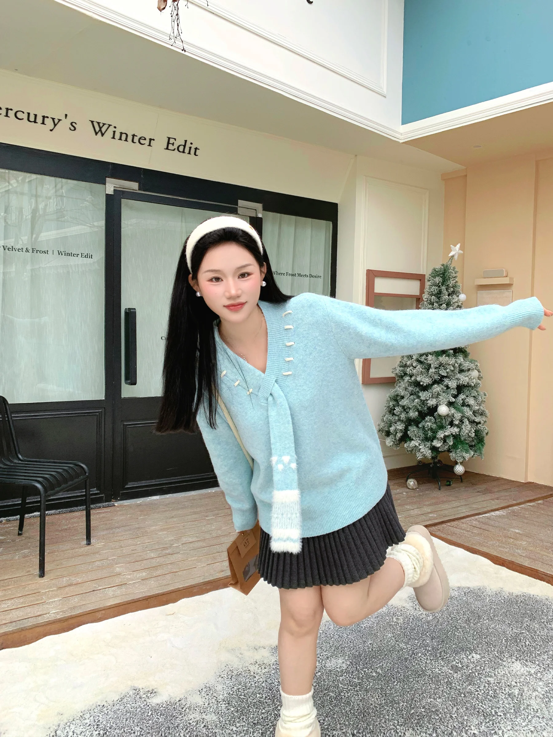 

Retro Sle Women's Knitted Sweater with Scarf Ne Design Winter New Unique Beautiful Long Sve V-Ne Pullover Warm Fce