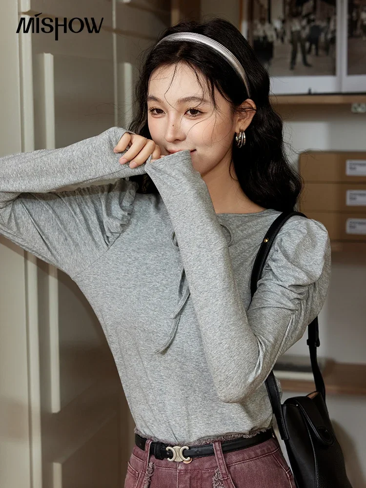 MISHOW Round Neck Bow Hollowed Out Knitted T-shirt for Women Autumn 2024 Lamb Leg Sleeves Tees Solid Base Layer Tops MXD43Z0691