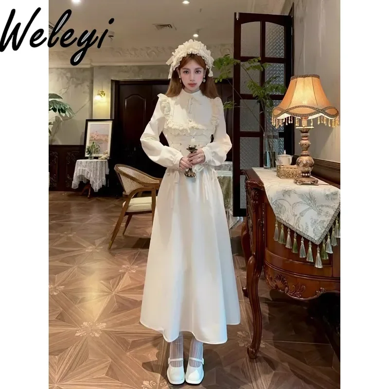 

Beige French Retro Sweet Dresses Women Clothes Autumn and Winter Streetwear New High Waist Long Sleeve Lace Elegant Long Kleider