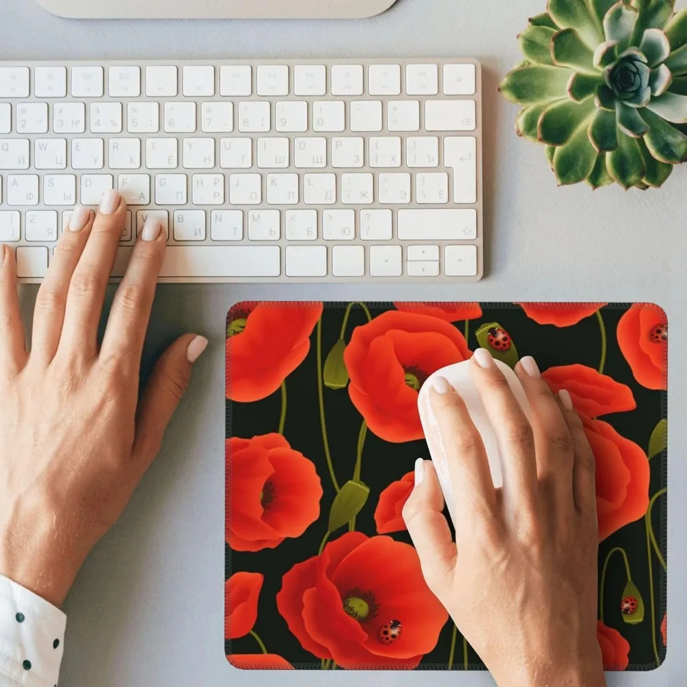 Alfombrilla de ratón para juegos con estampado de flores de amapola de 7x8,6 pulgadas con base de goma antideslizante y bordes cosidos