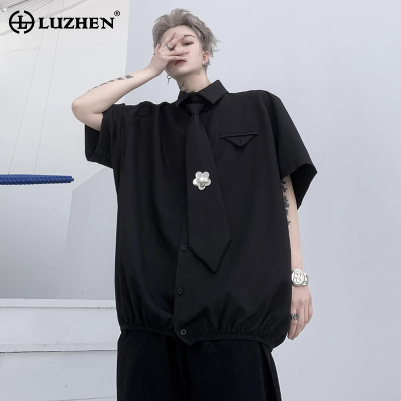 

LUZHEN Pearl Decorate Detachable Necktie Design Short Sleeved Shirts Solid Color Stylish Handsome Original New Men's Tops LZ2370