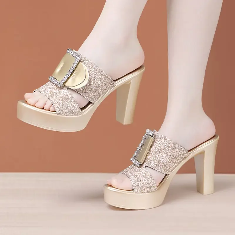 10cm Small Size 32-43 Elegant Bling Silver Gold Wedding Shoes Women Slides 2024 Genuine Leather Slippers Block High Heels Model