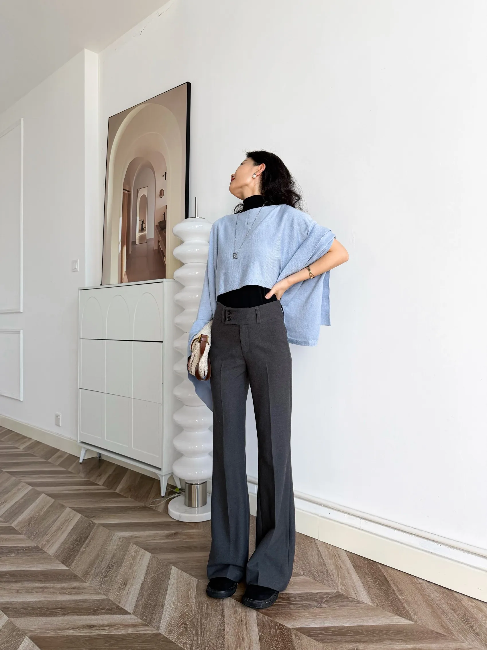 

Шерстяные широкие брюки с глубокими глазами, против морщин, легкий уход, закрывающие глаза, настоящие утягивающие брюки на пуговицах, деловые женские брюки