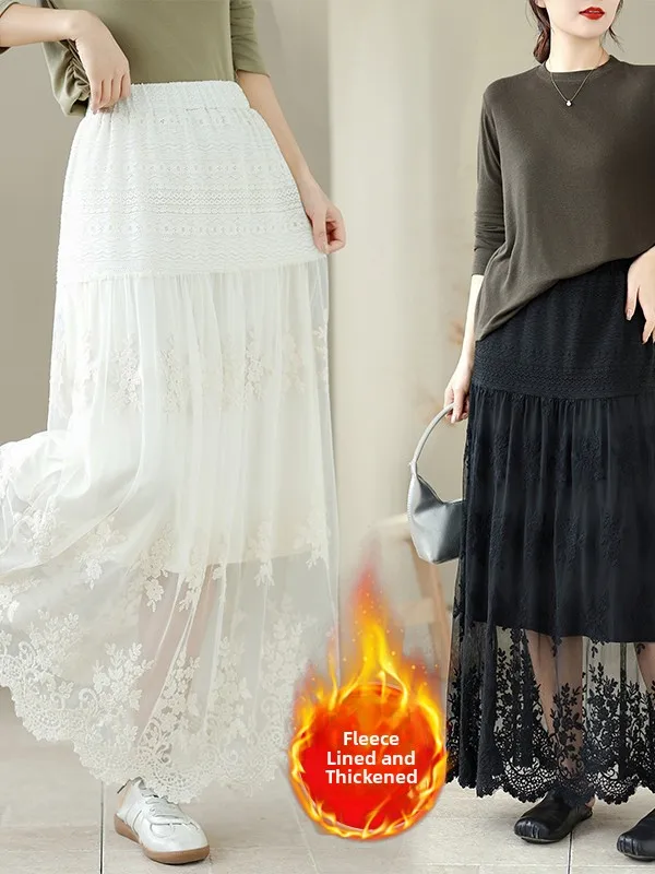 

Новая китайская кружевная юбка с высокой талией на подкладке, большие размеры, длинное платье Ele Aosphere Commute Sle Aut...