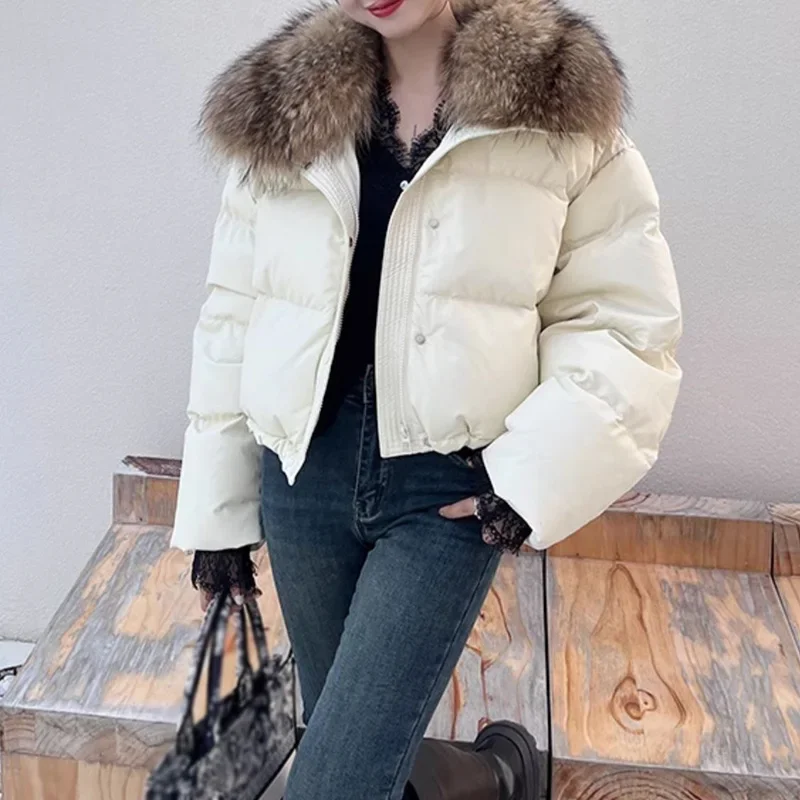 Women 2023 White Goose Down Coat Jacket Vegan Leather Crop Coat Thick Warm with Raccoon Fur Collar ML6310