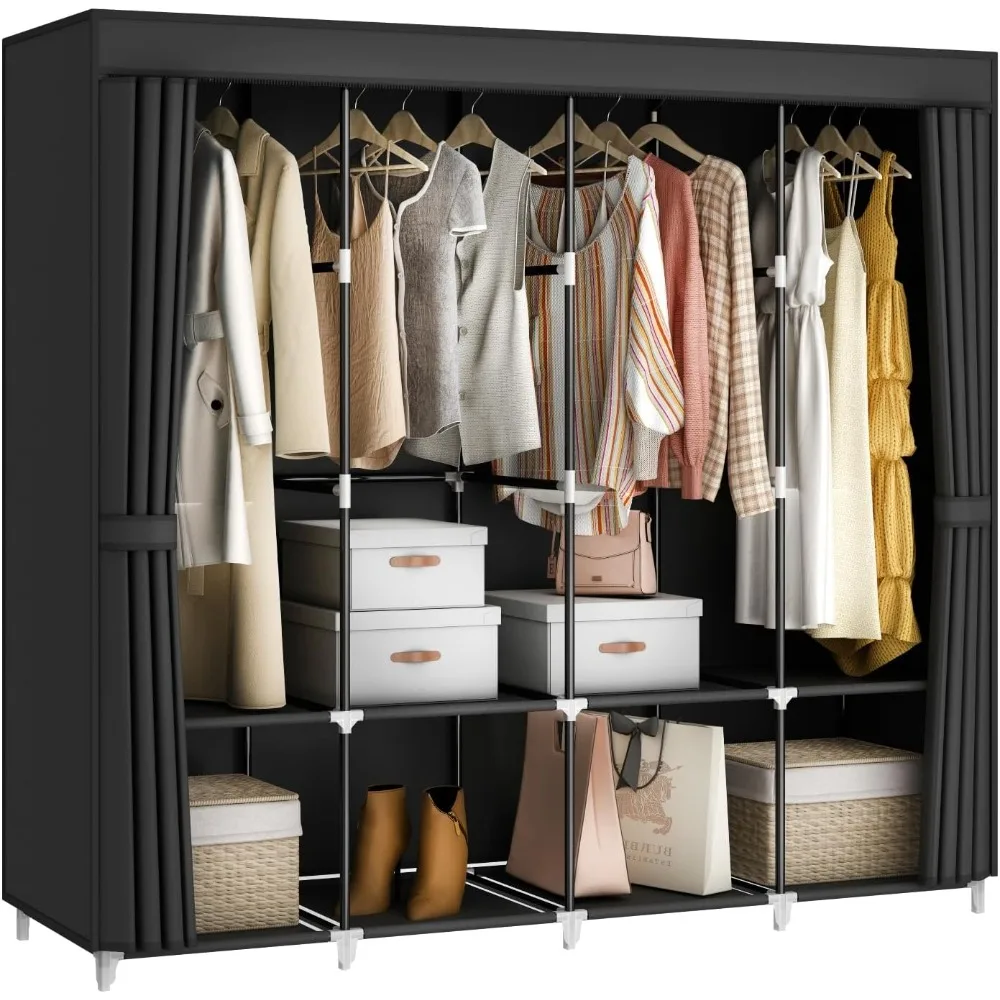 

Capacity Portable Closet Wardrobe with Non-Woven Fabric Cover, Hanging Rods, Shelves - Black Clothes Storage Organizer