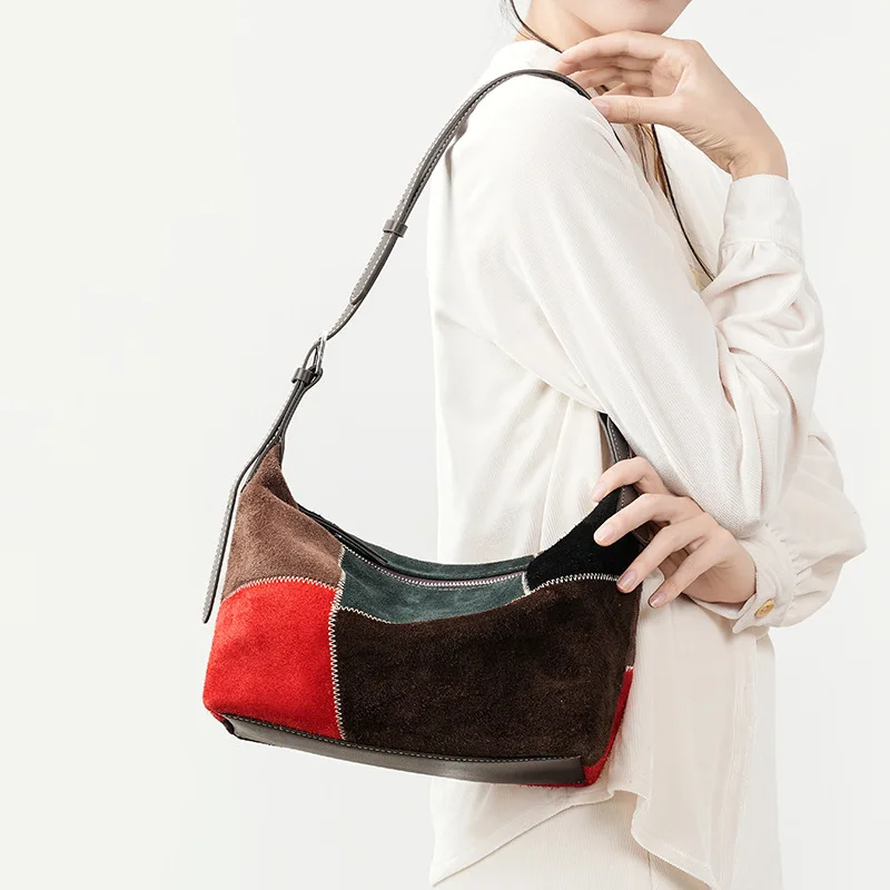 

Nubuck Cowhide Color Blocked Underarm Bag Leisure Suede Leather Patchwork Shoulder Bags Versatile Handbags for Women Purses