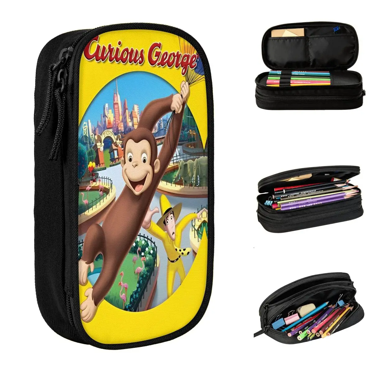 Curious George Kids Cartoon Monkey Anime Pencil Cases Pen Box Bag Girls Boys Large Storage Students School Gift Pencil Pouch