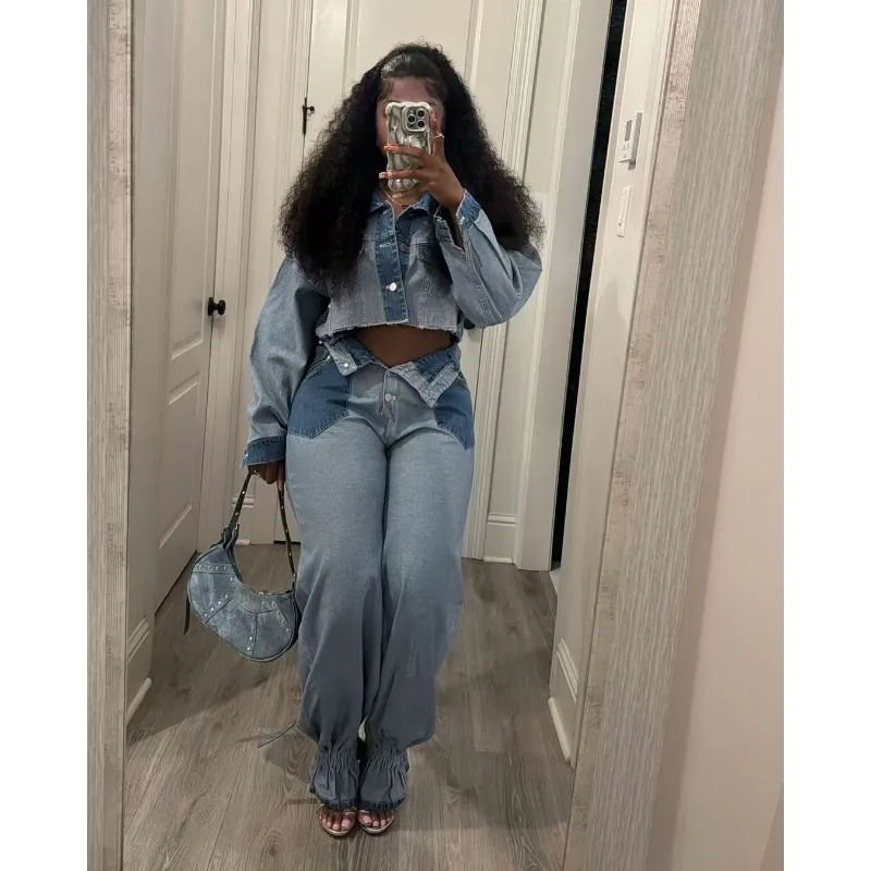 

Y2k Harajuku Denim Suit 2-piece Set Women Outfit Cropped Top Jeans Autumn Spring Pants Sets Streetwear Design Jacket Trousers