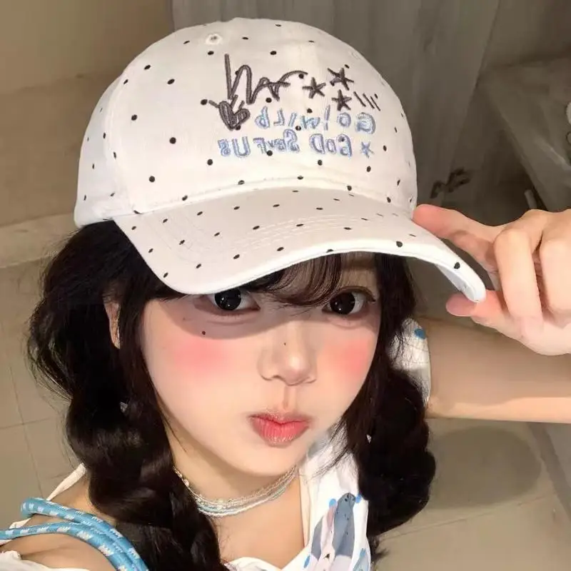Baseball Cap Cute Cat Embroidered Polka Dot Adjustable Strap Face Slimming Breathable Hat for Jogging Running Use